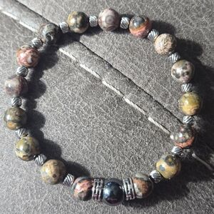 8mm Natural Leapardskin Jasper & 10mm Hematite Beaded Bracelet.